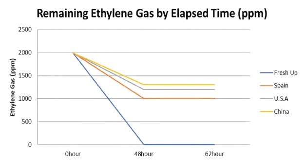 Chart comparing remaining ethylene gas (ppm) over 62 hours — Fresh Up filter outperforms Spain, USA and China alternatives